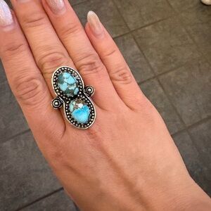 Turquoise-inspired Howlite Double Crystal Ring Silver Plated - Adjustable size 8